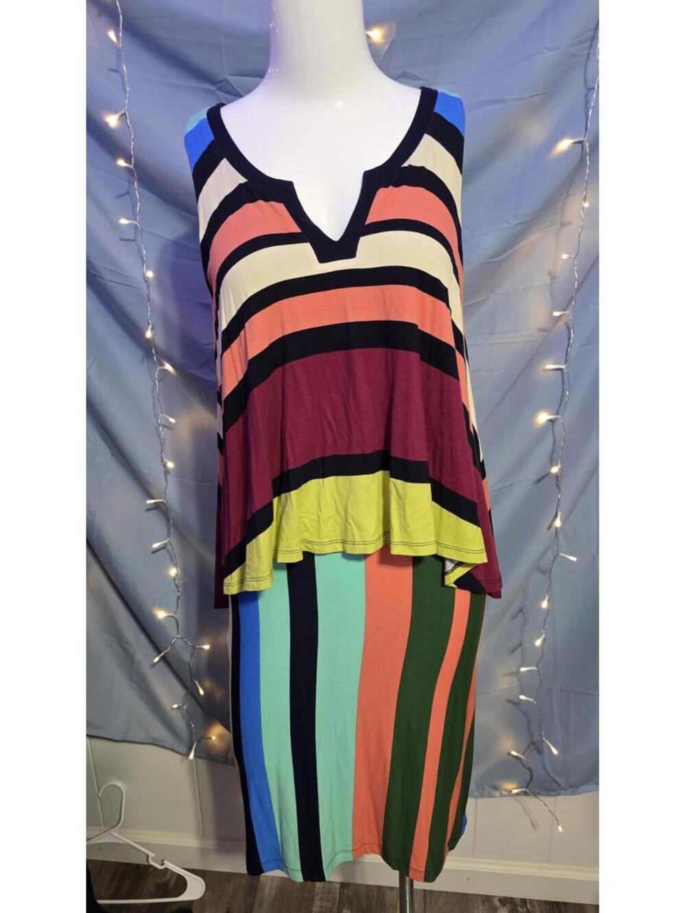Maeve Anthropologie Rainbow Striped Tiered V-Neck Tank Dress Women's Size XS